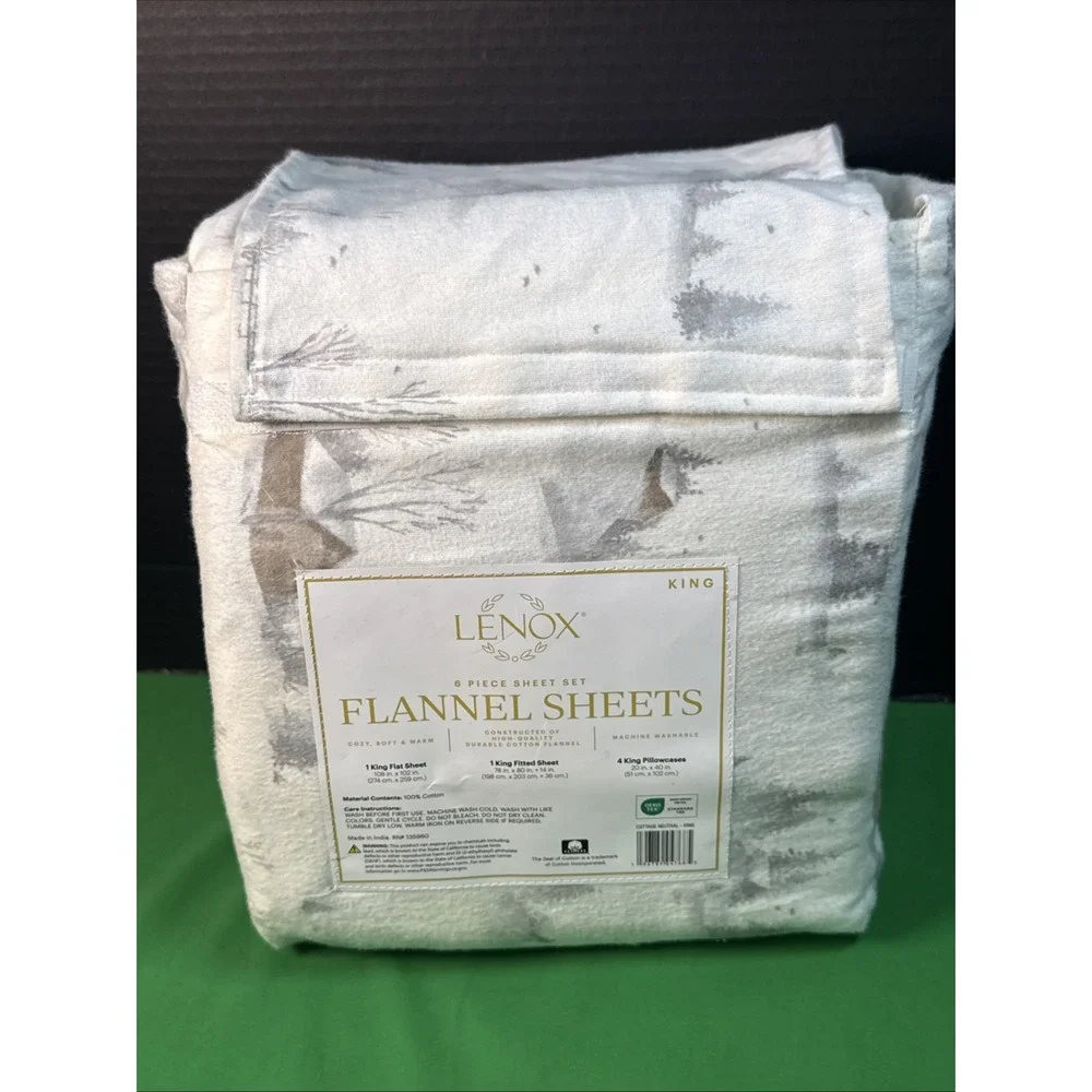 Lenox 6 Piece Flannel Sheet Set King Cottage Neutral 100% Cotton Winter Cabin